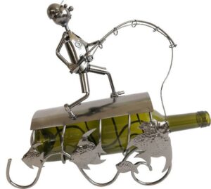 Flaschenhalter Skulptur Angler mit Fisch - Weinflaschenhalter Fischer aus Metall