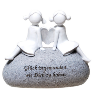 Schutzengel Paar auf Stein mit Zitat: Glück ist jemanden wie Dich zu haben - Poly Engel-Pärchen ohne Gesicht