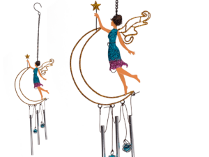 Metallklangspiel Elfe - Klangspiel Engel im Mond, mit Glitter und Sternenstab