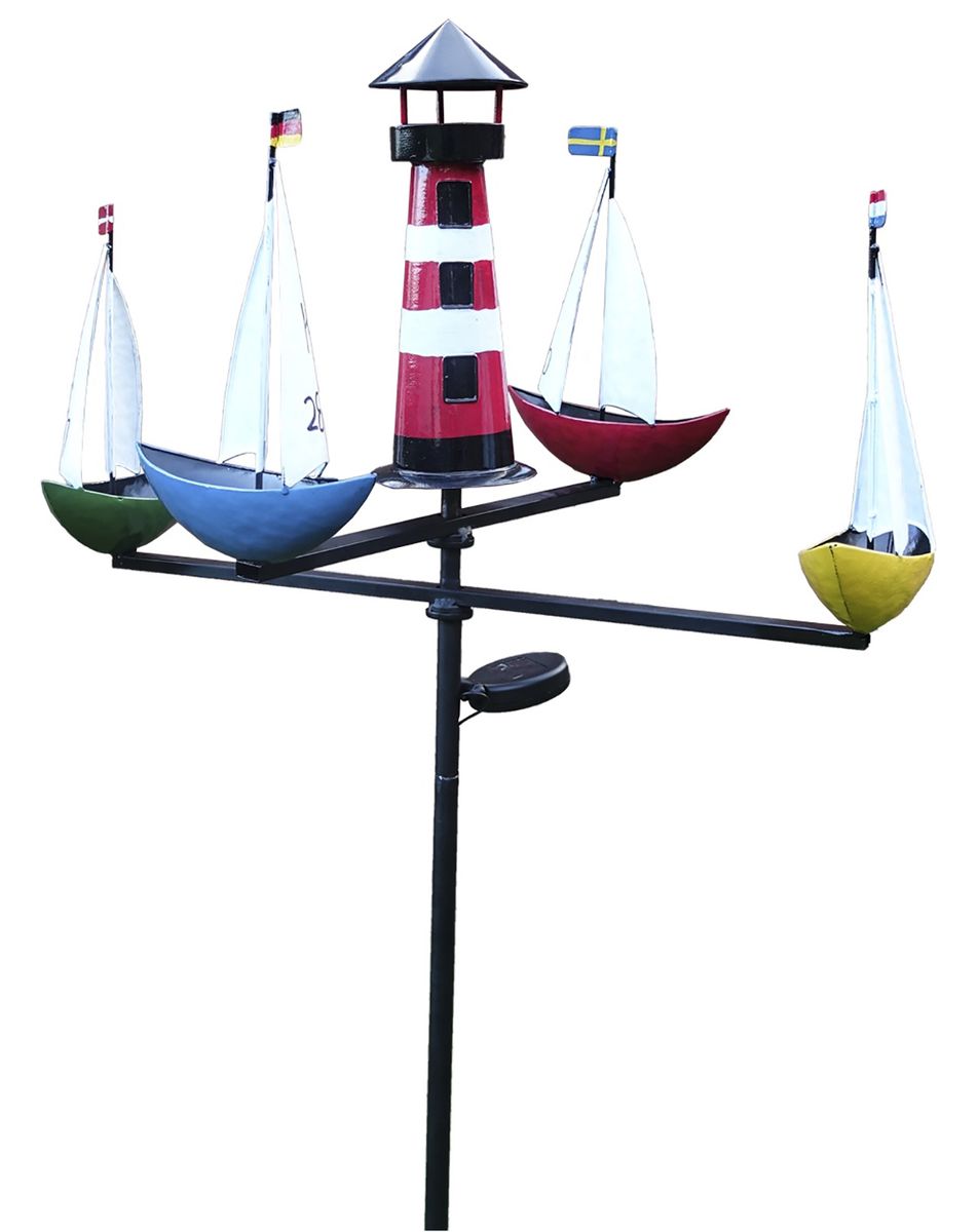 LED Solar Windspiel Leuchtturm mit Segelboote Schiffsregatta