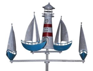 Küste-Windspiel Regatta - 4 Segelschiffe mit Leuchtturm - Metall Gartenstecker Maritim