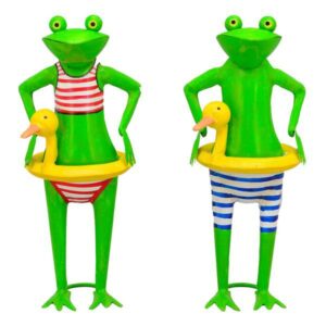 XL Metallfrosch Schwimmer mit Badehilfe - Gartenfigur 44cm hoch - Dekofigur Frosch mit Badeente Schwimmring
