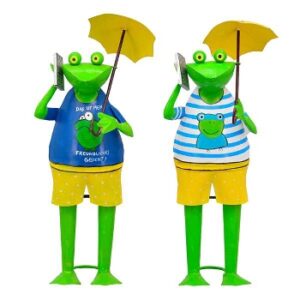 XL Metall Frosch Kanu mit Regenschirm und Smartphone - 52cm - Dekofigur Metallfrosch mit Sonnenschirm und Handy