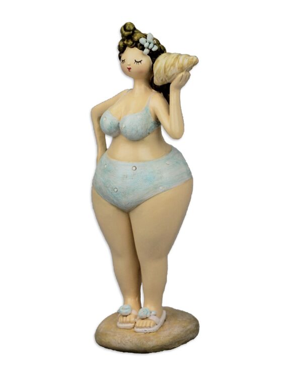 Bikinimädchen - Stehende mit Muschel - Rubensmodell 20 cm - mollige lustige Dame am Strand