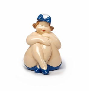 Badedamen sitzend blau mit Hut - Rubensmodell - mollige lustige Frau