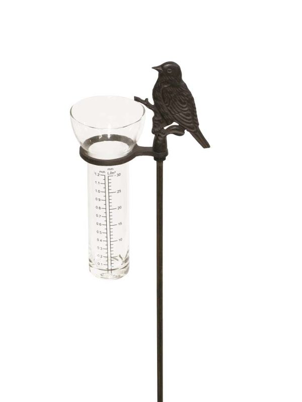 Gartenstecker Regenmesser Vogel am Stab - Spatz Niederschlagsmesser aus Gusseisen