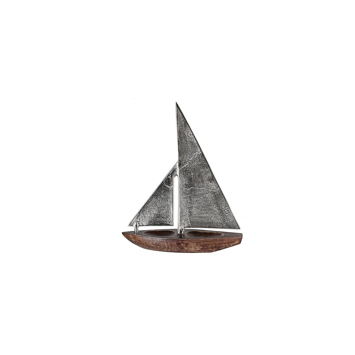 Segel Alu mit Rumpf aus Skulptur Mangoholz, Segelboot Holz