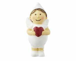 Mila Engel Rapahel xxs Figur - Weiße Resin Engelsfigur als Liebesbote - Schutzengel Junge mit einem rotem Herz