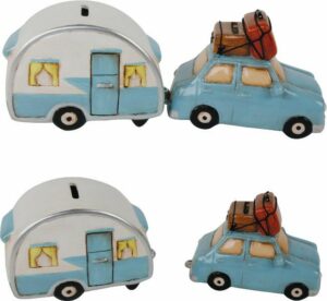 Urlaub Camping Spardose Auto mit Wohnwagen Sparbuechse -2er Set