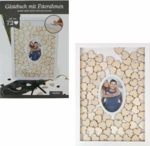 Holz Gästebuch im Rahmen+Foto, mit 72 Herzen zum Beschriften