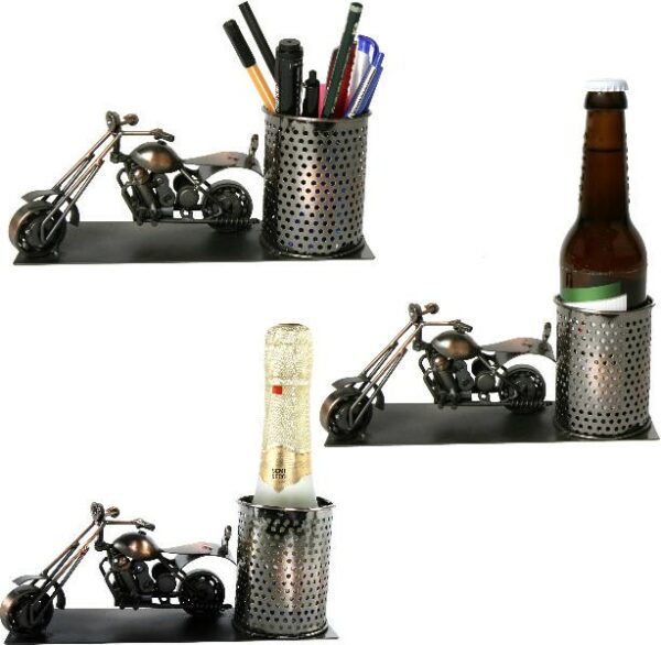Flaschenhalter Motorrad Skulptur - Piccolo Weinflaschenhalter, Bierhalter, Stifteköcher aus Metall - Harley - Chopper