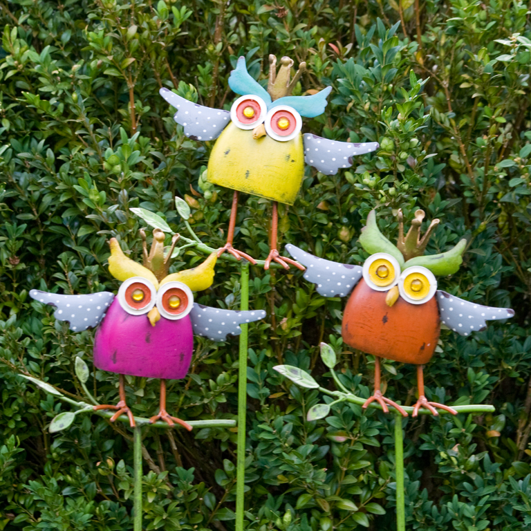 Eule Gartenstecker Crazy Owl - Wackeleule auf Stab - Bunte Eule