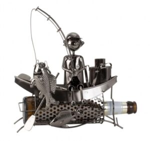 Flaschenhalter Skulptur Angler im Boot - Bier-Flaschenhalter Fischer - Bootsfahrer mit Angel aus Metall