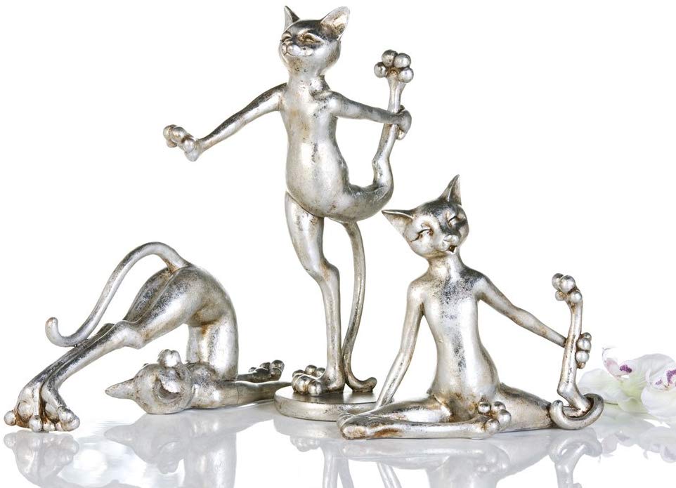 Deko Figur Katze Cat Aerobic - sportliche Yoga Katzen silber