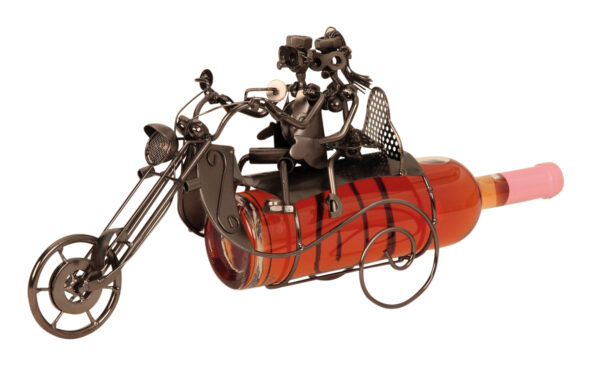 Flaschenhalter Skulptur Motorradfahrer mit Beifahrerin - Biker mit Sozius - Rockerpaar Liebespaar mit Motorrad Weinflaschenhalter