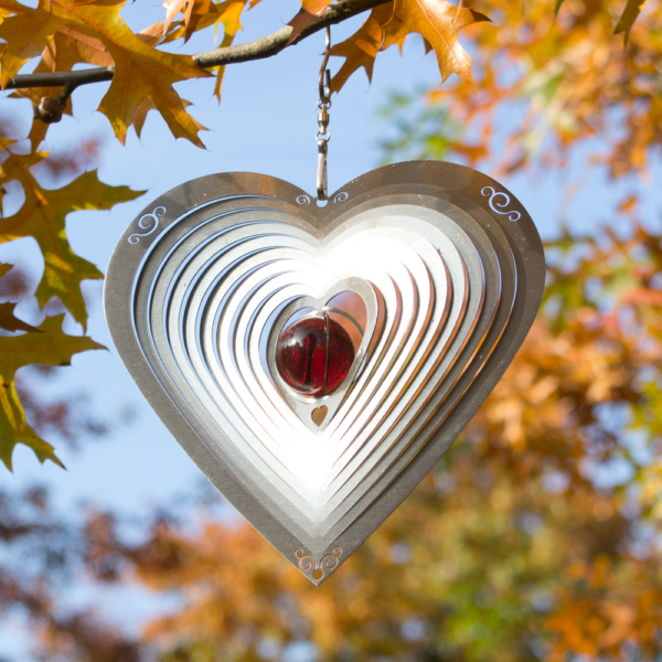 Mobile HERZ ORNAMENT - Edelstahl Windspiel mit rote Glaskugel, Kugellager – Bild 2