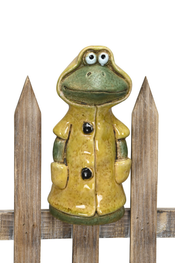 Keramik Zaunhocker Frosch im Regenmantel - Zaunfigur Enno im Ostfriesennerz