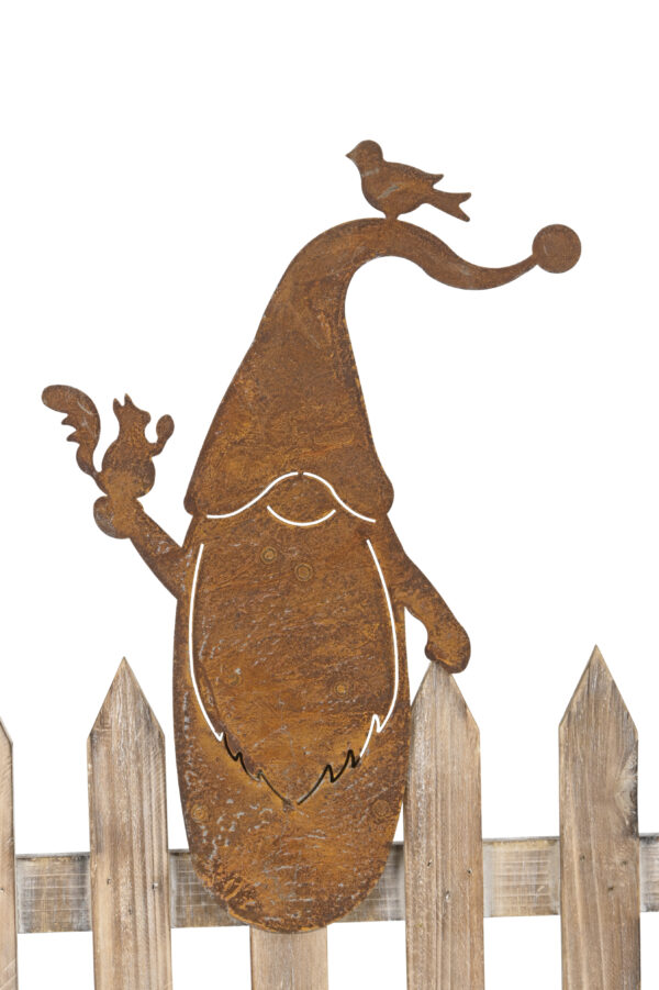 Metall Weihnacht Zaunfigur Wichtel - Zaunhocker Gnom - Nisse mit Eichhörnchen und Vogel