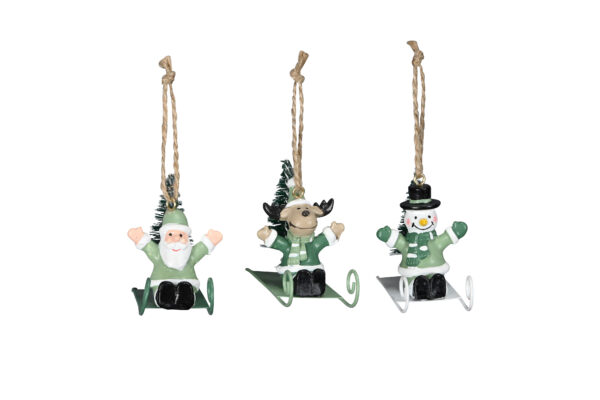Weihnachtshänger Weihnachtsfiguren auf Schlitten - Elch, Weihnachtsmann, Schneemann auf einem Schlitten sitzen - Rodelspaß zum Aufhängen
