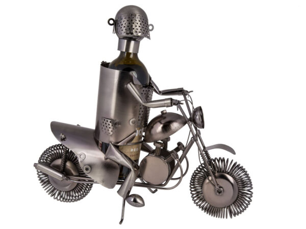 XL Flaschenhalter Motorradfahrer Skulptur Flaschenständer Biker mit Motorradaus Metall