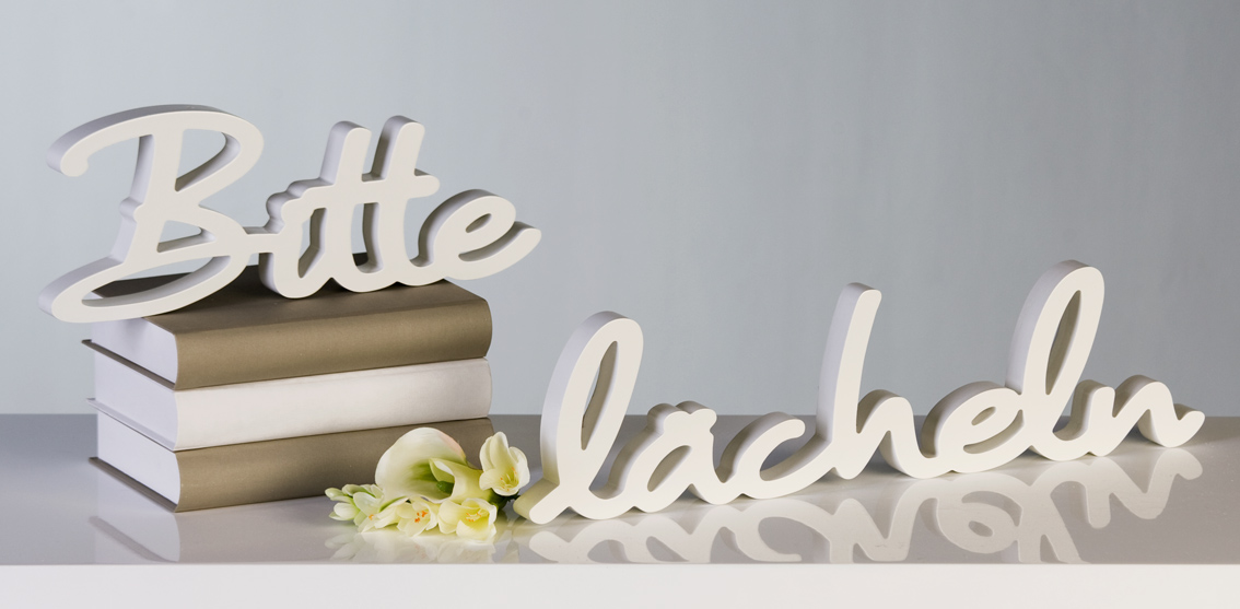 LÄCHELN Schild Aufsteller Lachen Holz beige creme gute Laune typo Deko Schrift 
