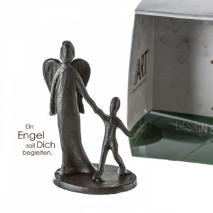 Schutzengel Mini Skulptur Engel mit Kind aus Eisen, Kinderschutzengel in Geschenkbox mit Zitatanhäner