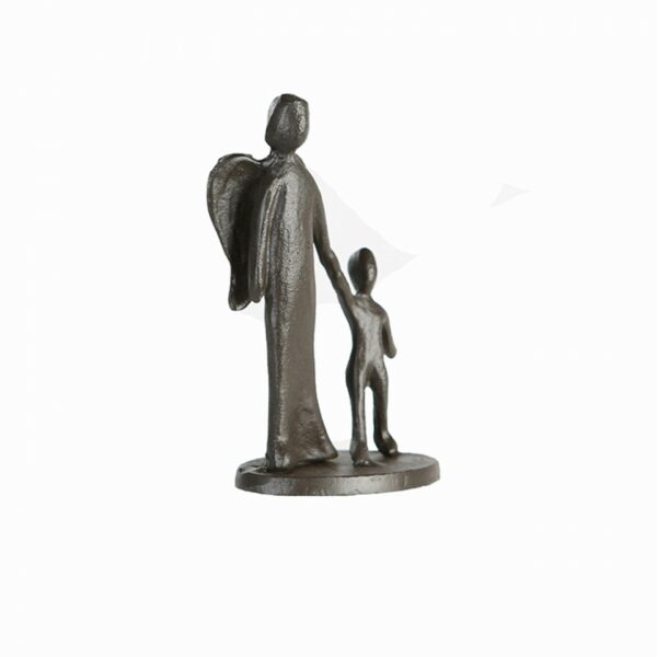 Schutzengel Mini Skulptur Engel mit Kind aus Eisen, Kinderschutzengel in Geschenkbox mit Zitatanhäner