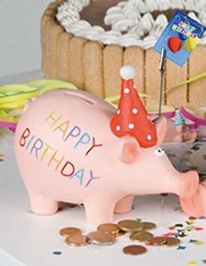 Spardose Sparschwein Happy Birthday - rosa Keramik Schwein mit Geburtstagsmütze