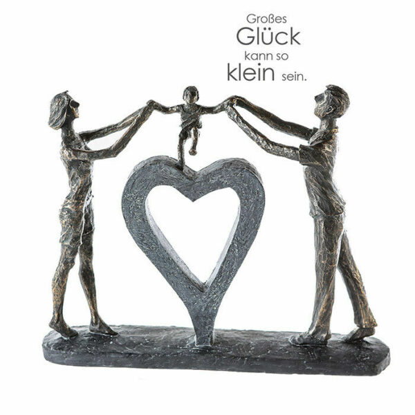 Familienskulptur Perfect Luck - Familien Skulptur aus Polyresin - Figuren Eltern mit Kind bronzefarben und graues Herz