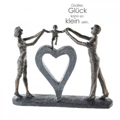 Perfect Luck - Familien Skulptur - Poly Figuren Eltern mit Kind bronzefarben und graues Herz