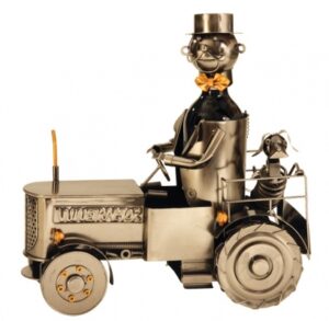 Wein-Flaschenhalter Treckerfahrer mit Hund Skulptur Traktor Bullldog mit Farmer, aus Metall - Weinflaschenhalter Landwirt - Bauer