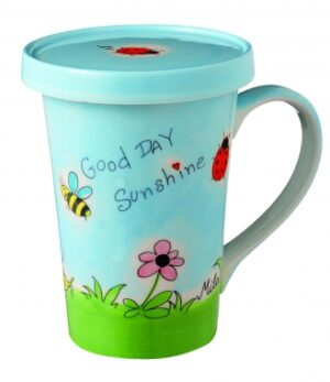 Mila Good Day Sunshine Teebecher mit Deckel - 350 ml Sommer Tasse Blumenwiese Henkelbecher - Keramik