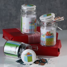 Friendly Glas mit Keramik-Deckel, luftdicht, mit Banderole zur Personalisierung - Geschenkverpackung