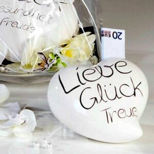 Spardose Herz mit Schriftzug "Liebe Glück Treue" oder "Glück Gesundheit Freude" Hochzeitsspardose