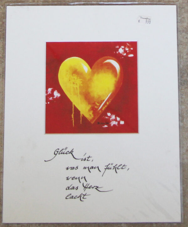 Bild gelbes Herz - Glück ist was man fühlt, wenn das Herz lacht - Heidemarie Brosien - Gelbes Herz (roter Hintergrund)