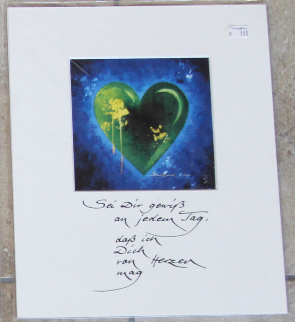 Bild grünes Herz - Sei dir gewiss an jedem Tag, dass ich Dich von Herzen mag - Heidemarie Brosien - Grünes Herz (blauer Hintergrund) - Sei dir gewisss...