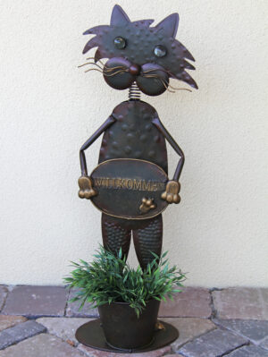 Blumentopfhalter Katze Käthe mit Schild "Willkommen" - mit Metallübertopf