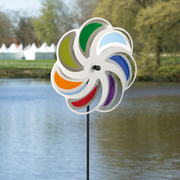 Edelstahl Windrad Blume 28 Mond Rainbow - Orbit Windspiel - Made in Germany - Indoor - Outdoor - wartungsfrei