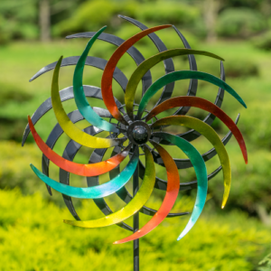 Buntes Doppelwindrad - Dual Sichelrad 37cm - doppeltes gegenläufiges Metall Windrad mit Kugellager