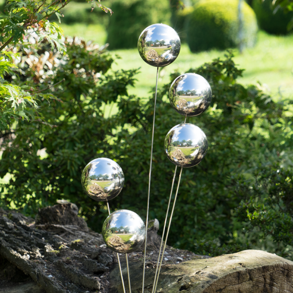 Design Edelstahl Silber Kugel Fächer Gartenstecker MIRROR 5K - Beetstecker mit 5 Edelstahlkugeln