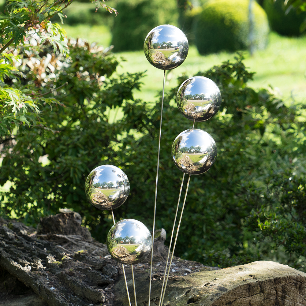 Design Edelstahl Gartenstecker MIRROR 5K Silber Fächer mit 5 Edelstahl