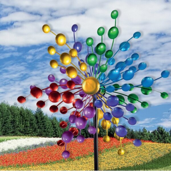 Doppelwindrad Rainbow Circles Ø 43cm, 138cm - Metallwindrad Gartenobjekt Windspiel mit 2 Windräder