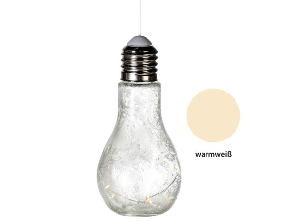 Dekoleuchte Glühbirne, Glas, weiß, satiniert, Frostoptik – mit 10er LED-Lichterkette – zum Aufhängen und Stellen