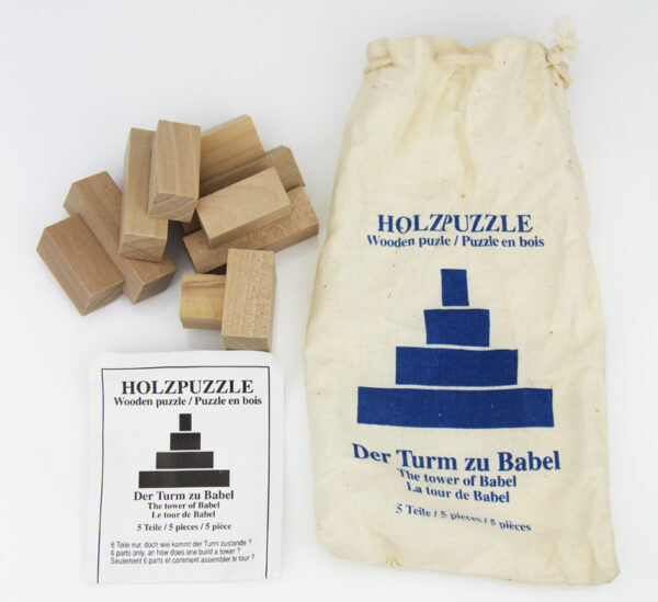 Der Turm zu Babel - Holz Knobelpuzzle im umweltfreundichen Packsack - Geduldspiel 5 Teile
