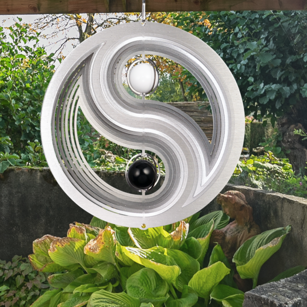 Edelstahl Windspiel YIN YANG 200 - Mobile Spirale Ø 200 mm mit 2 Glaskugel, inkl. Kugellagerwirbel, Haken, 1m Nylonschnur .