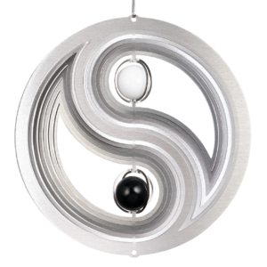 Edelstahl Windspiel YIN YANG 200 - Mobile Spirale Ø 200 mm mit 2 Glaskugel, inkl. Kugellagerwirbel, Haken, 1m Nylonschnur