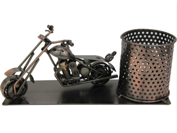 Flaschenhalter Motorrad Skulptur – Piccolo Weinflaschenhalter, Bierhalter, Stifteköcher aus Metall – Harley – Chopper