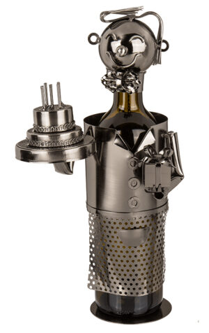 Flaschenhalter Skulptur Geburtstagsgratulant - Weinflaschenhalter zum Geburtstag - Happy Birthday mit Geburtstagstorte und Geschenk