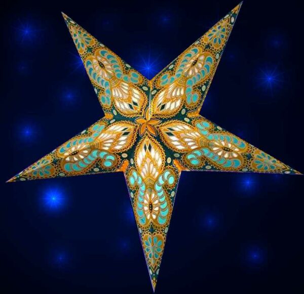 Ganesha Gelb türkis Magnetverschluss- Papiersterne mit orientalischem Muster Leuchtsterne 60 cm