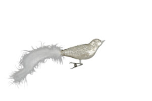 Glitzer Glasvogel mit Clip - Weihnachtsbaumschmuck Vogelclip mit Feder - Silber